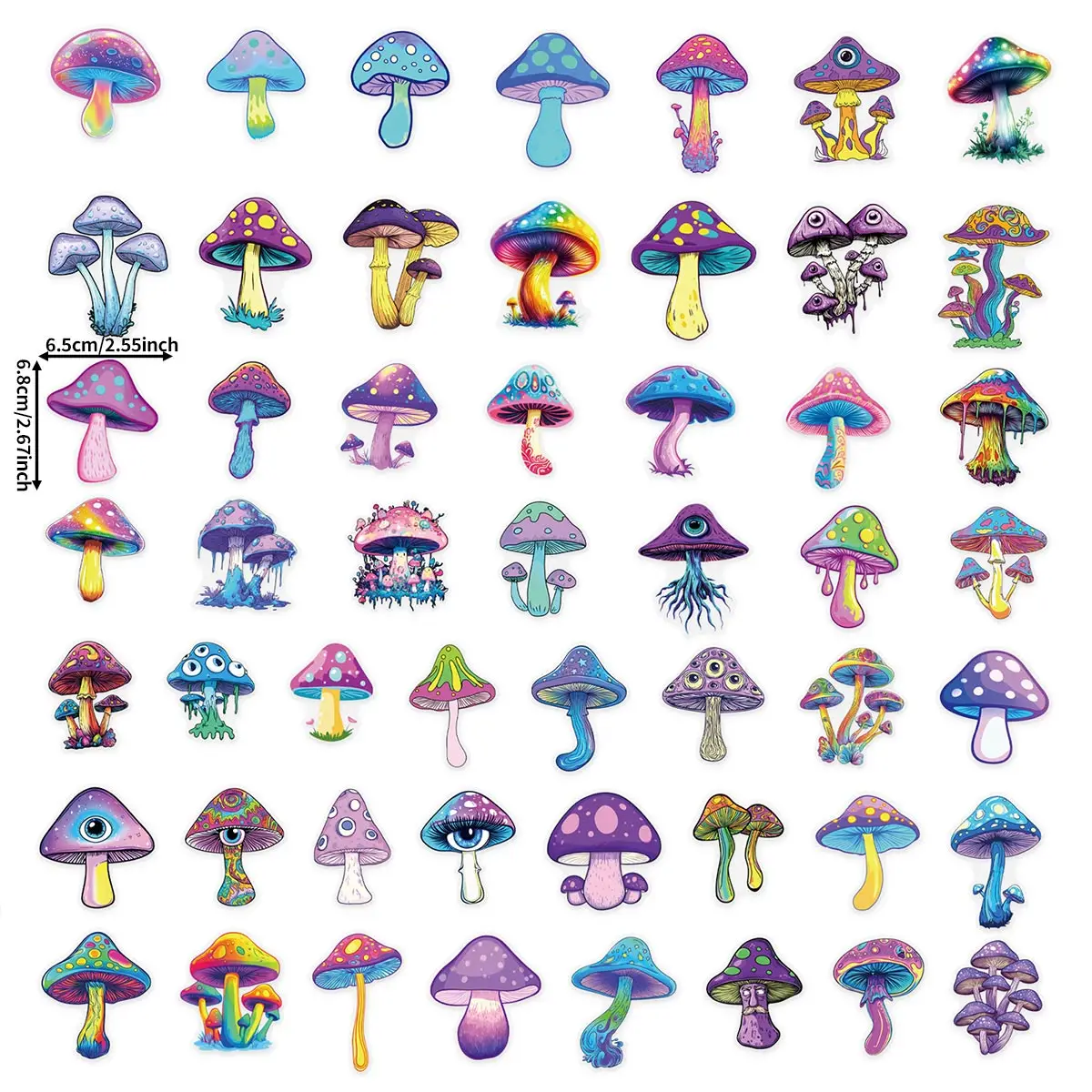 50 Colorful Fantasy Mushroom Stickers, Psychedelic Art Style, Colorful Mushroom Patterns, Decorative Material Stickers