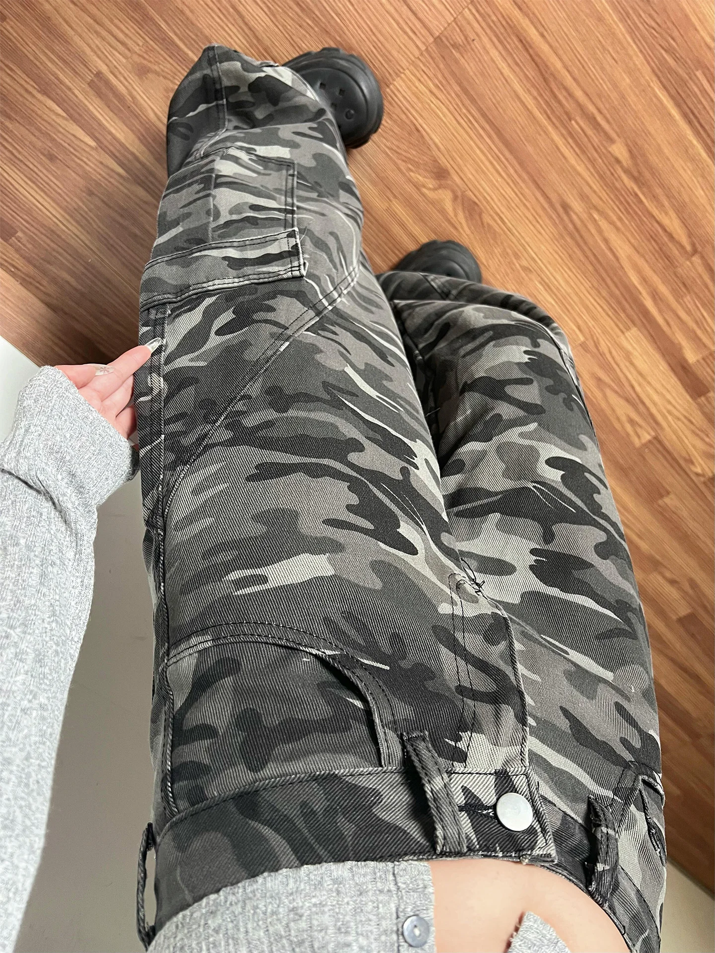 

Trendy Workwear Style Loose Fit Straight Leg Women's Jeans Summer New Washed Wide Leg Narrow Version Camouflage Long Pants