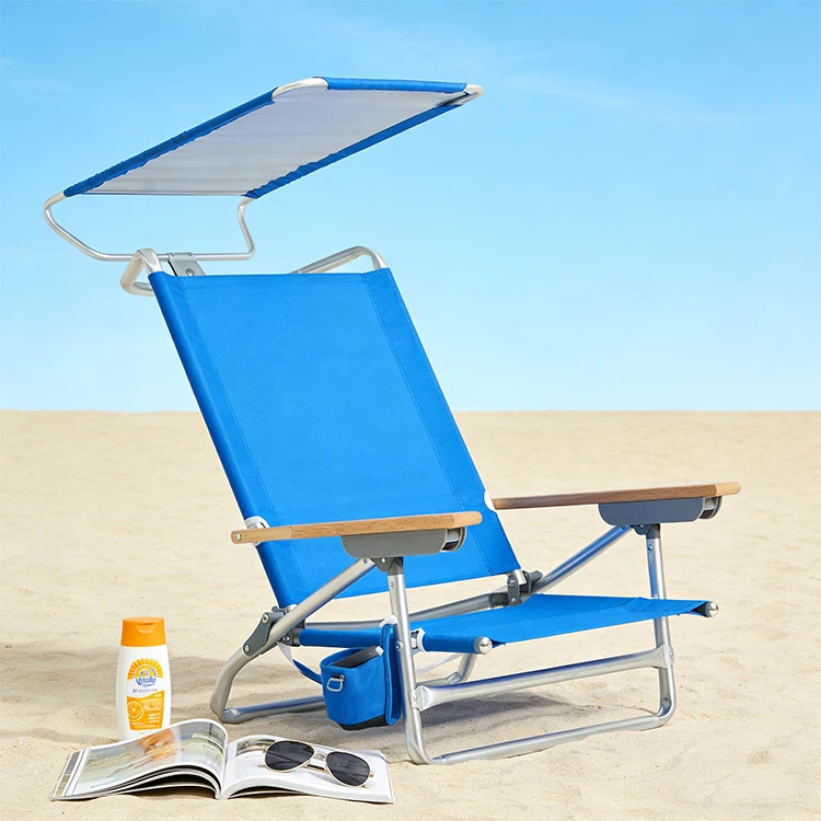 5-Position adjustable folding beach chair with wooden armrests and UV-protected awning