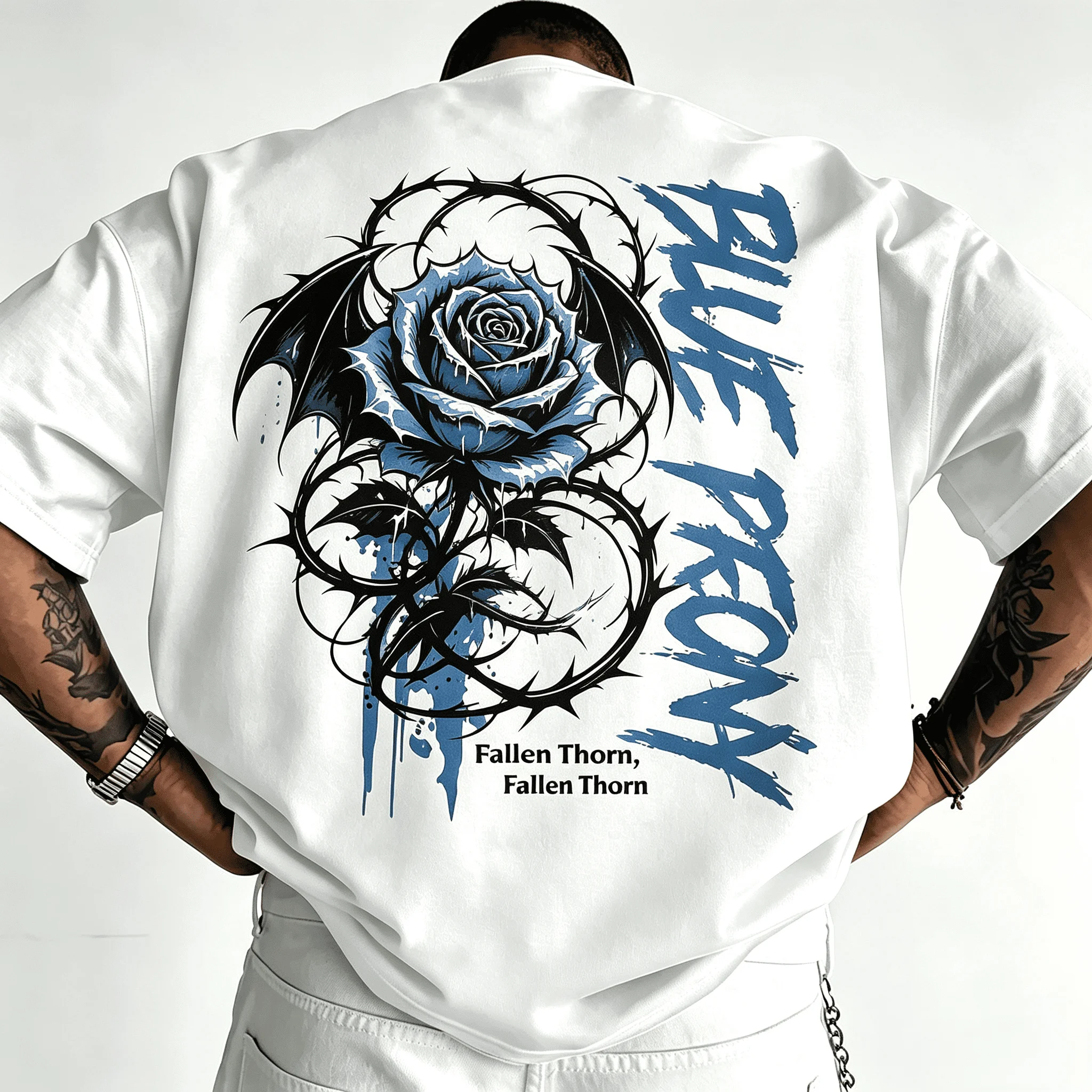 Unisex Oversized White T-Shirt Blue Devil Rose Bat Wings Thorn Graphic Back Print Gothic Streetwear Short Sleeve Tee For Men Women