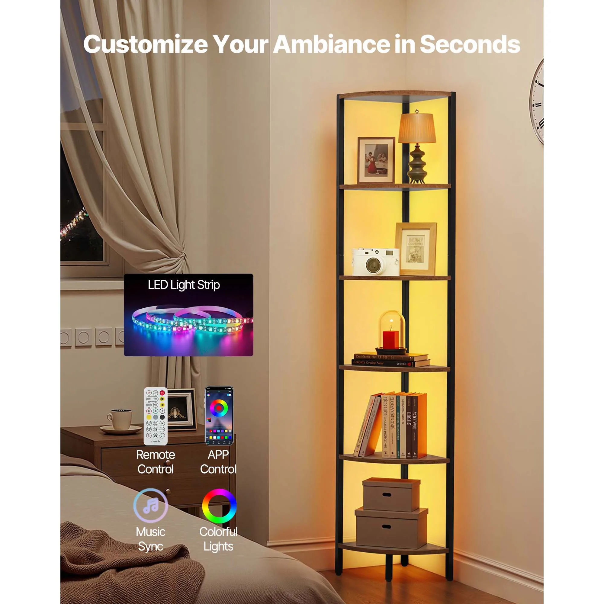 SucceBuy 5/6/7 Tier Corner Shelf Corner Bookshelf with Storage Shelves for Collectibles Display Shelf for Bedroom Living Room