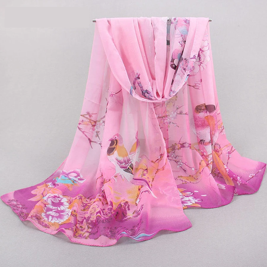 Women's Chiffon Scarf Magpie Pattern Simulation Silk Scarf Long Gauze Scarf Sunscreen Shoulder Bag Headscarf