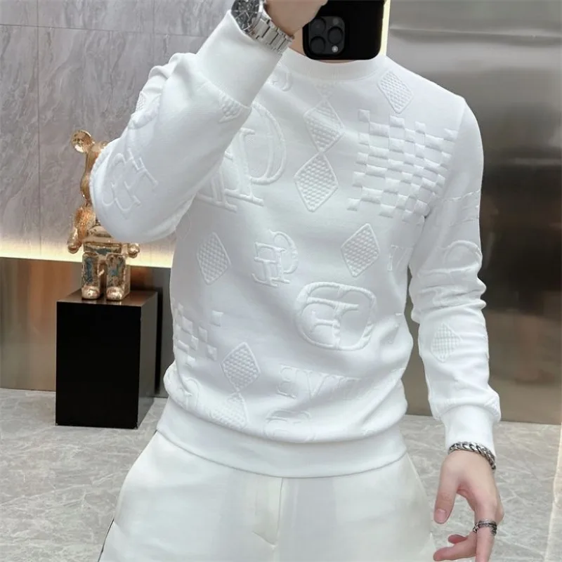 Men's Clothing Autumn and Winter Trendy Brand Light Luxury Casual Jacquard Sweatshirt Fashion high quality Round Neck Base Top