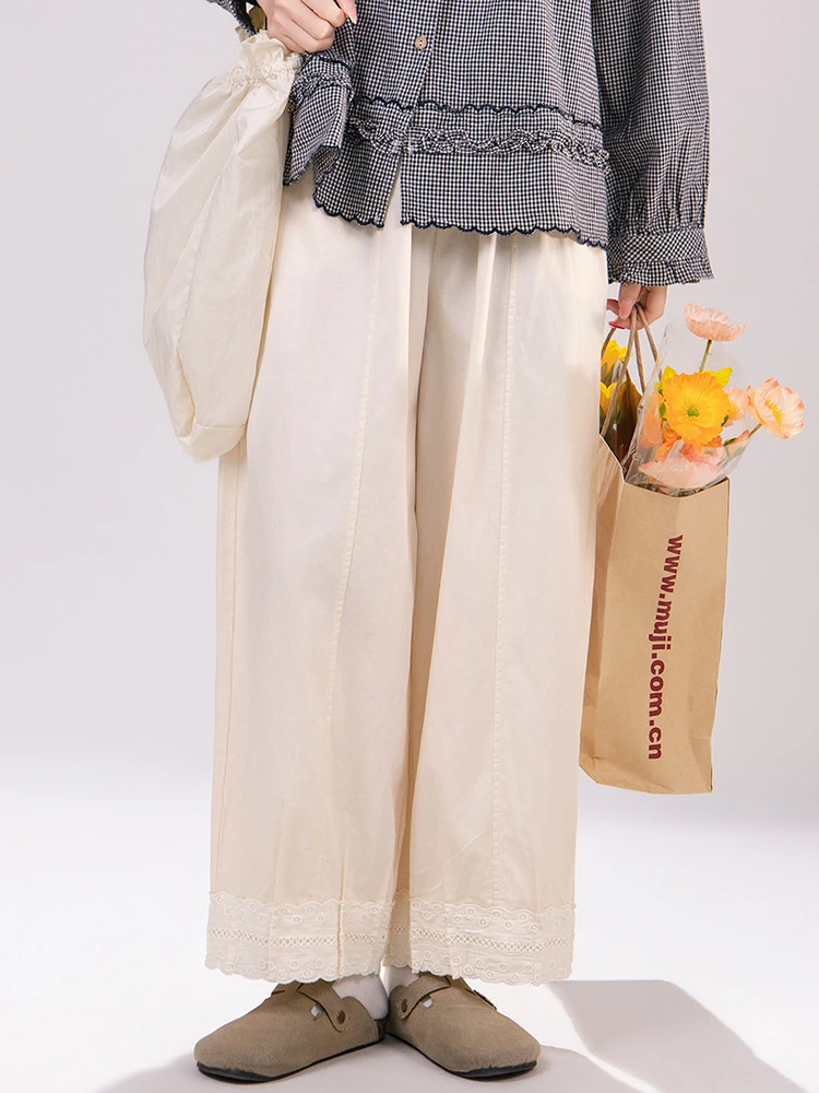 

Artistic Lace Trim Splice Thin Wide Leg Nine Points Casual Pants Women Summer Loose High Waist Cotton Straight Tube Trousers