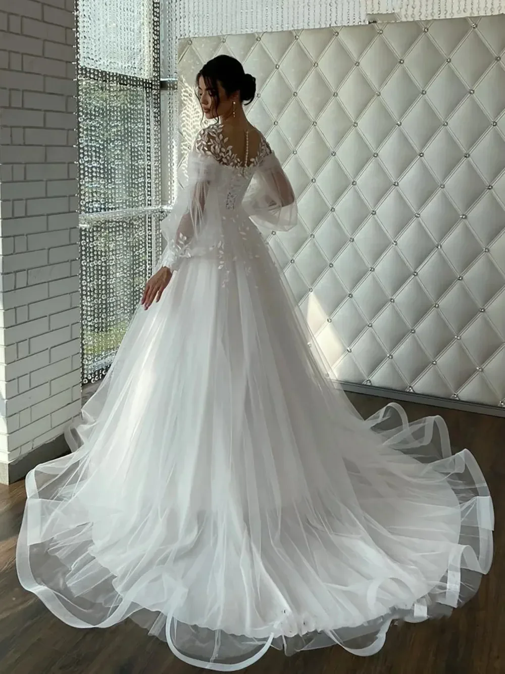 Customized Puff Long Sleeves A-line Wedding Dress Court Train lace-up Corset Pastrol Bridal Gown Lace Appliques Tulle Robe2025