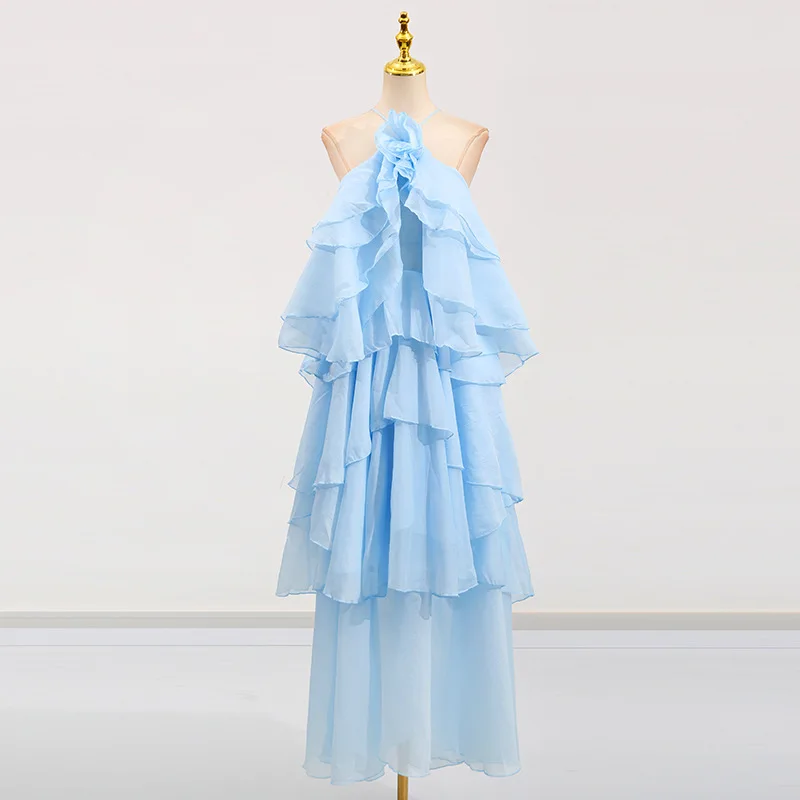 

Ruffled Neckline Halter Backless Women's Dress Stylish and Elegant Commuter Sleeveless Long Dress 2026 Spring New Arrival Y2K