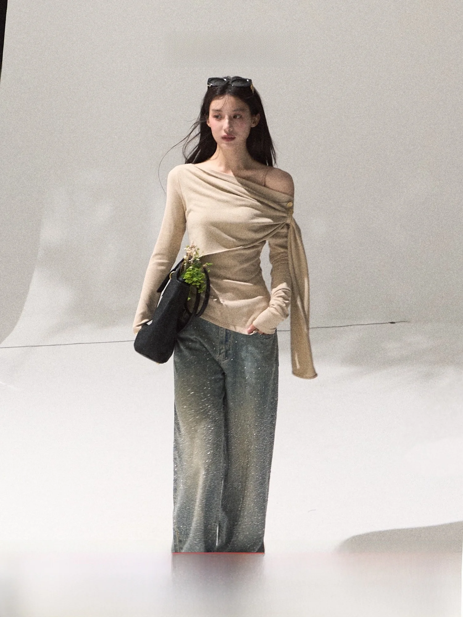 

OAKMOO Traditional Sine Wrap Long Sve Knitted Base irt Women's Waist Cinched Inner Wear Top Casual Sle Cotton Blend