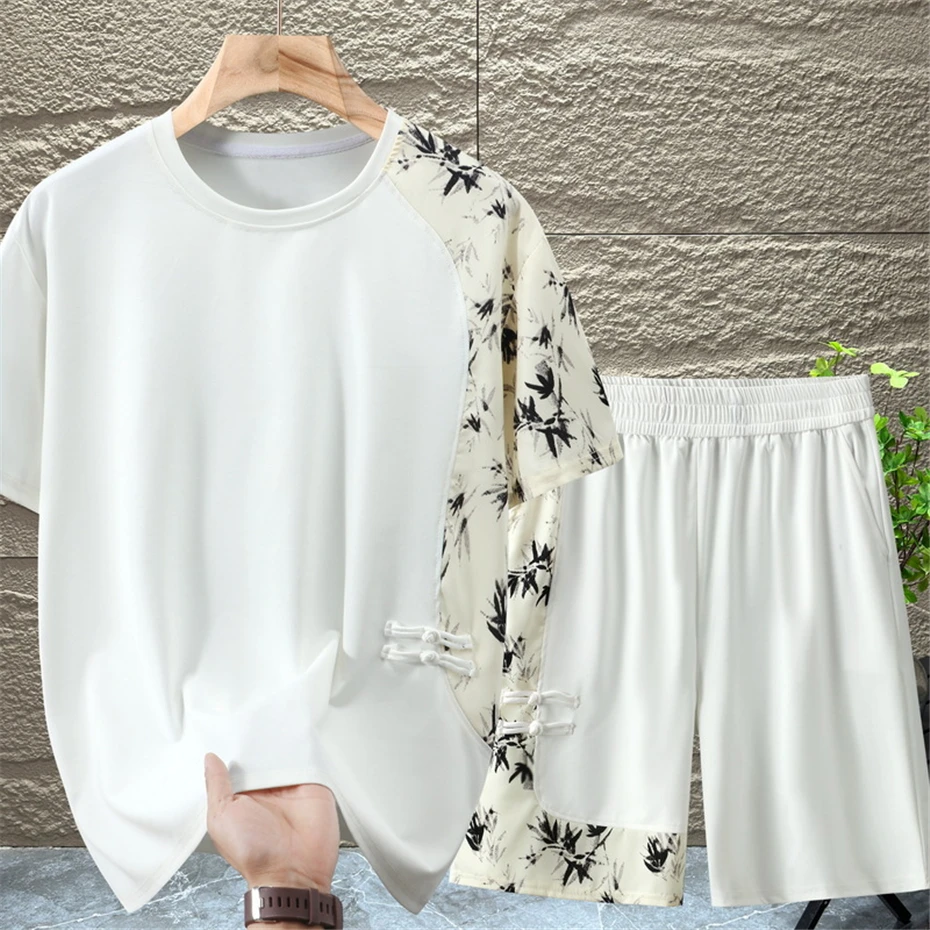 Summer Suits Men's Sets Plus Size 10XL Chinese Style Bamboo Leaf Print Patchwork Fashion Casual T-shirts Shorts Male Big Size