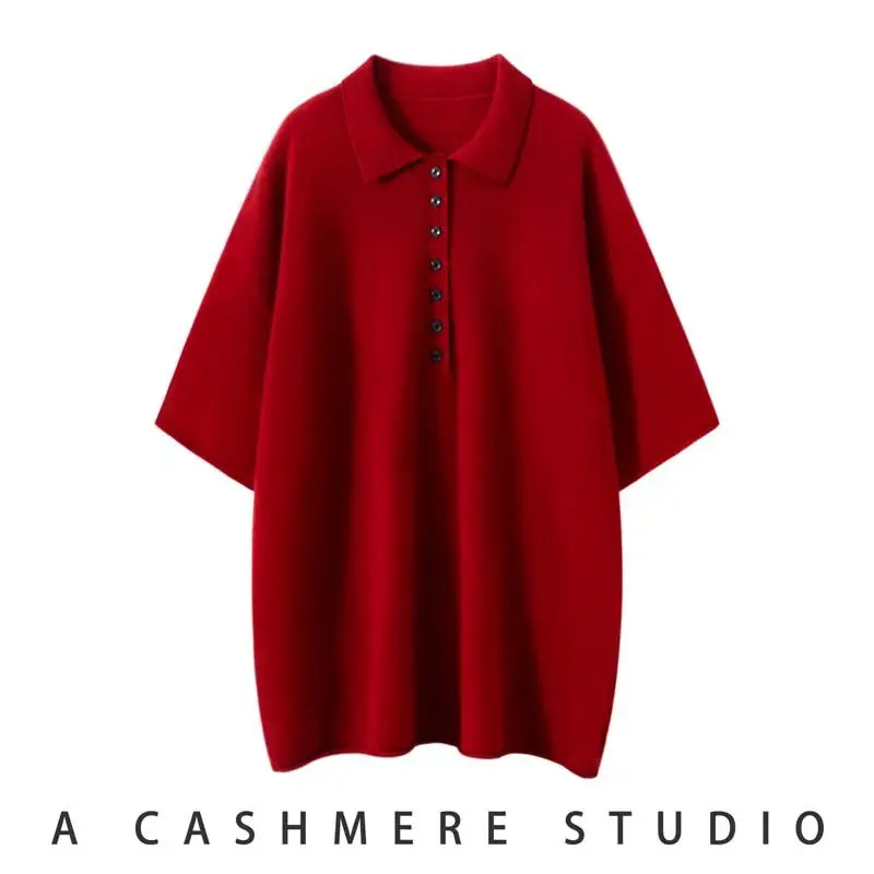 100% Hill cashmere sweater women's lapel long shirt collar with three-quarter sleeves lazy and loose.