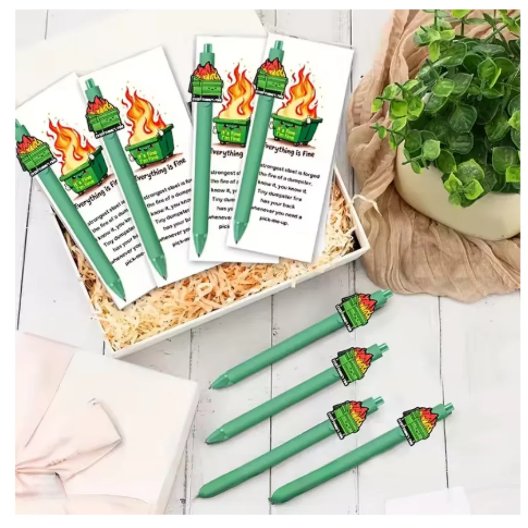 

4Pcs Dumpster Fire Themed Stationery Set, Funny Rollerball Pen with Postcard Novelty Birthday Gift School Office Supplies