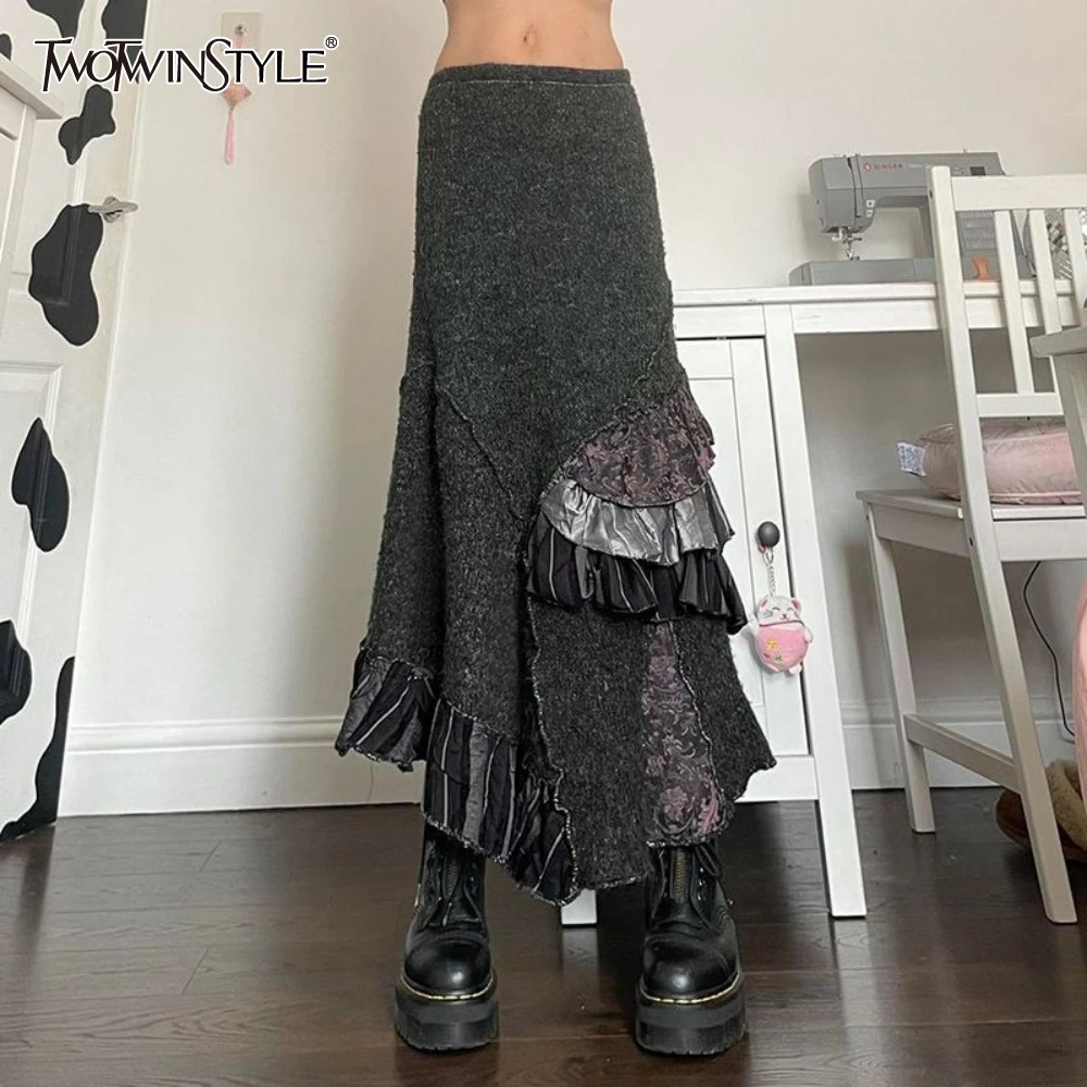 

TWOTWINSTYLE Hit Color Slimming Spliced Ruffles Skirt for Women High Waist Temperament Chi Skirt Female Fashion New
