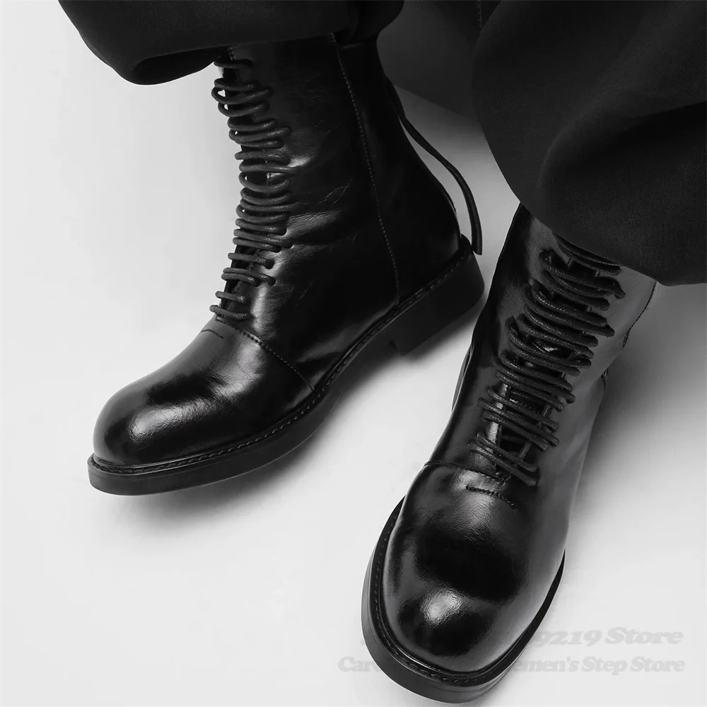 Black High Street Men Inner Height Shoes Round Toe High Top Leather Shoes Solid Color Lace Up Chelsea Knight Short Boots