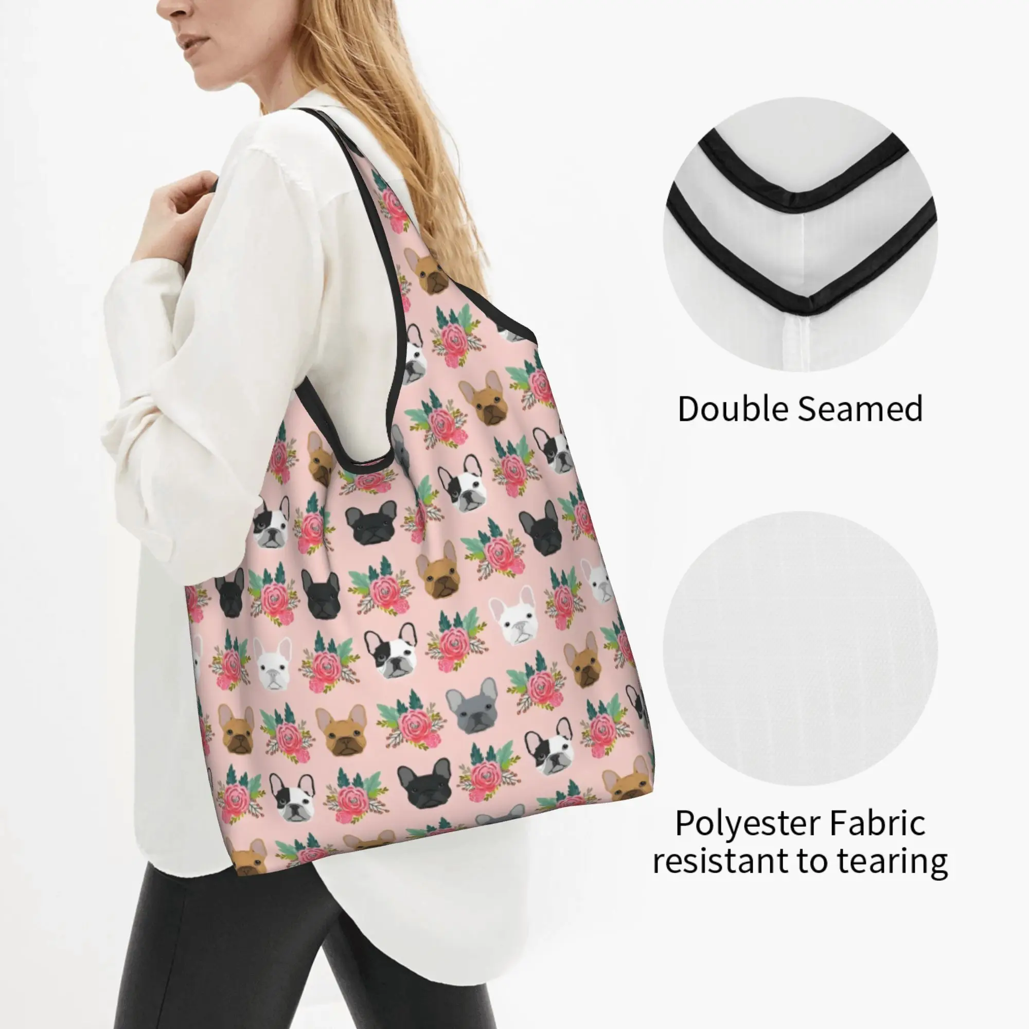 Recycling French Bulldog  Shopping Bag Women Tote Bag Portable Frenchie Dog Lover Grocery Shopper Bags