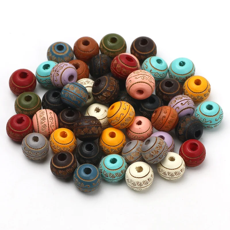 Trend Round Balls Beads With Colored Pattern Wood Beads 10mm 10pcs Natural Wooden Beads For DIY Jewelry Making Beads Accessories