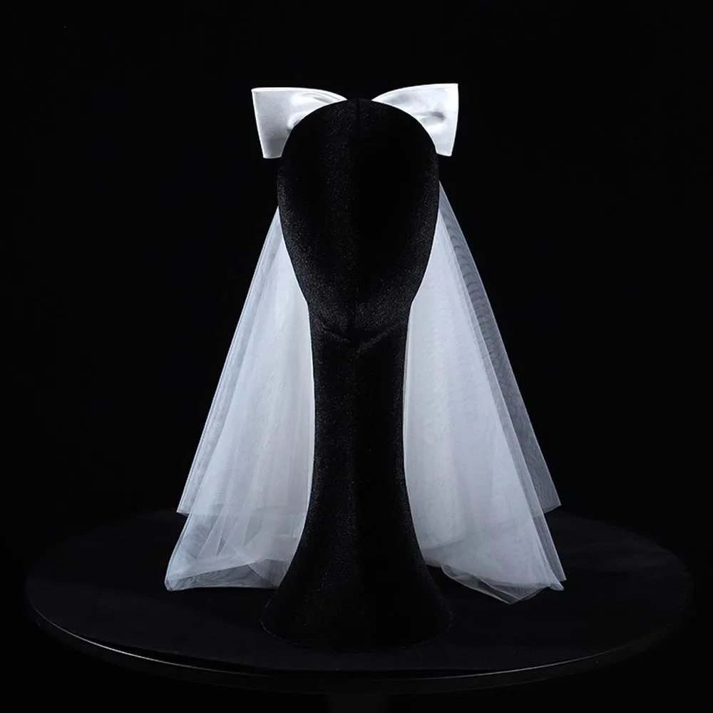

Elegant Shawl Long Satin Bow Veil Single Layer Soft Tulle Bride's White Headgear Soft Handmade Bridal Headdress Photo
