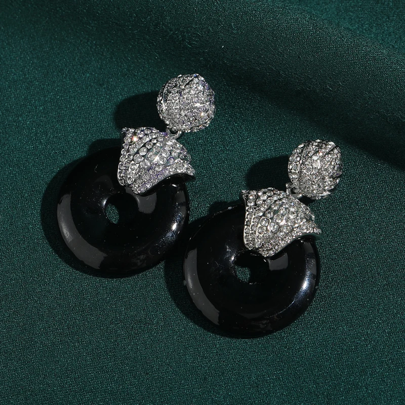 

Vintage Round Black Natural Stone Drop Earrings Designer Jewelry Rhinestone Zircon Luxury Antique Silver Color Anniversary 2026