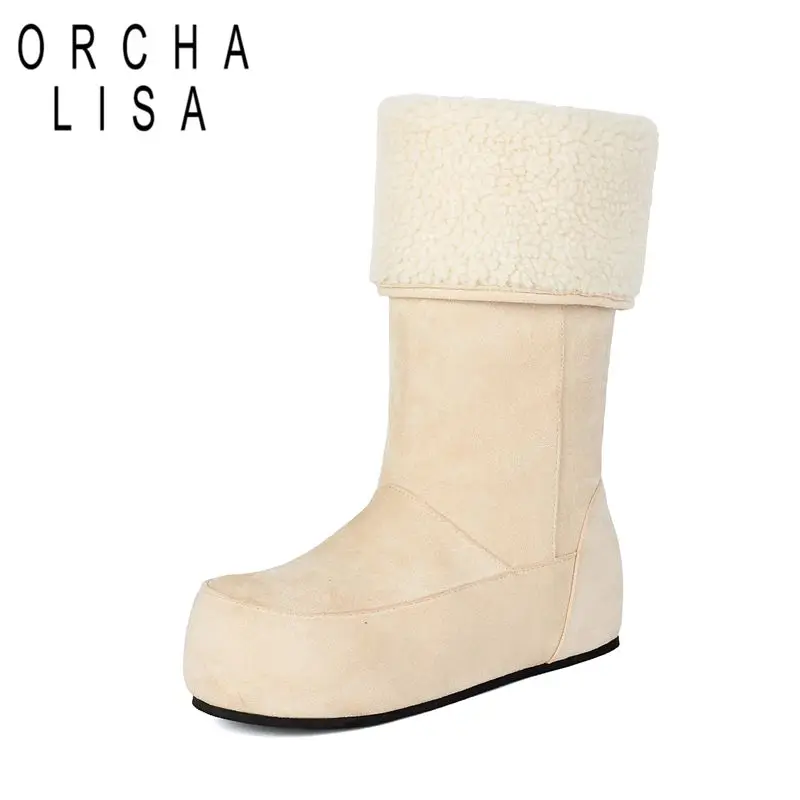 Botas de media caña ORCHA LISA color beige para mujer, punta redonda, tacón de 3,5 cm, forro de felpa cálido, tallas grandes 45 46 47 48, botas de ocio para uso diario, invierno.