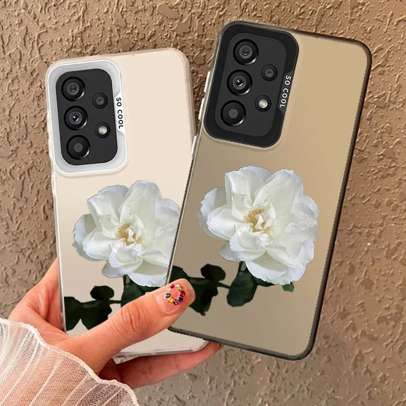 White Rose Flower For Samsung Galaxy A73 A72 A71 A56 A55 A54 A53 A52 A52S A51 A36 A35 M11 Colored Silver Phone Case