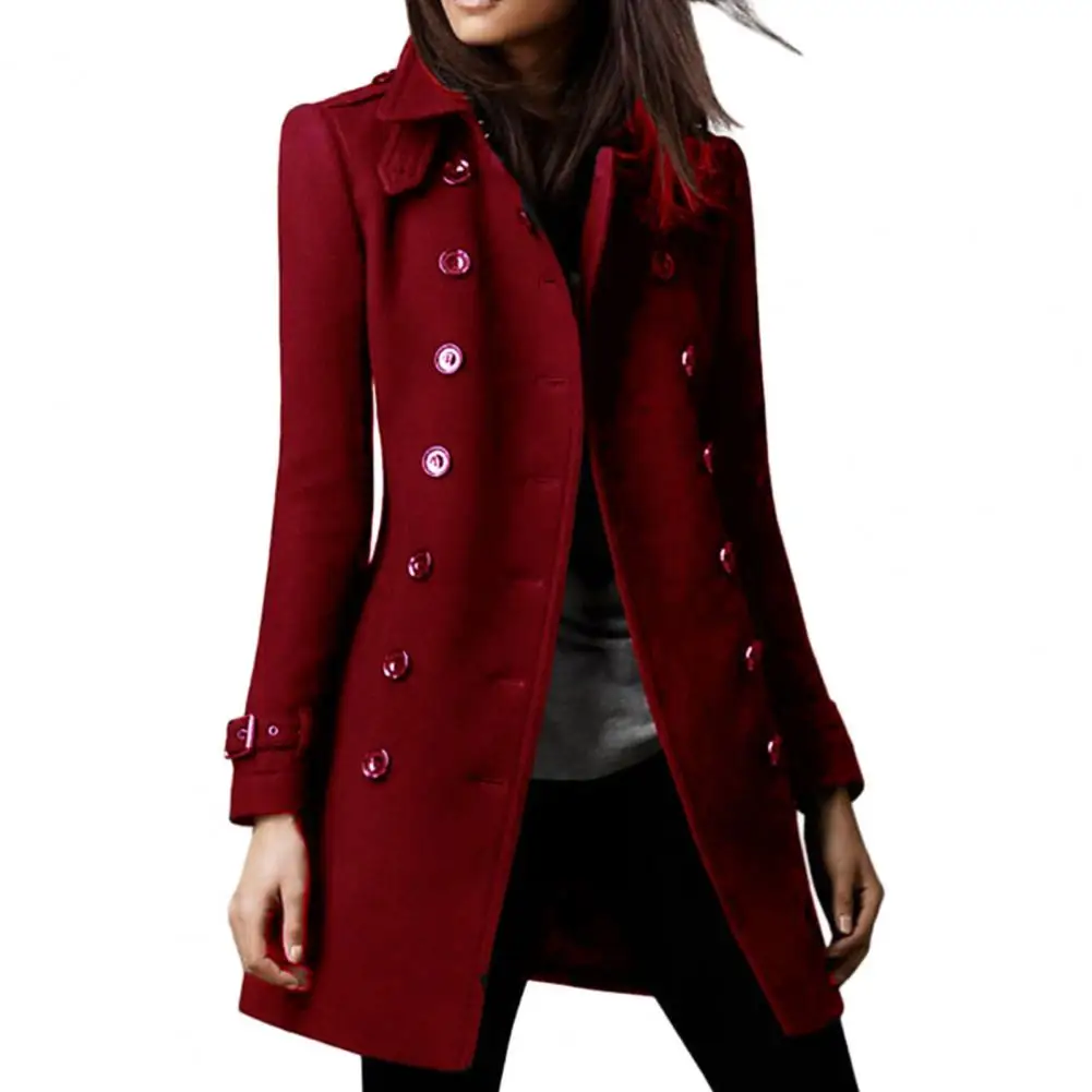 

Long-sleeve Lapel Collar Outwear Women Woolen Coat Stylish Women's Mid-length Woolen Coat Double Breasted for Autumn/winter