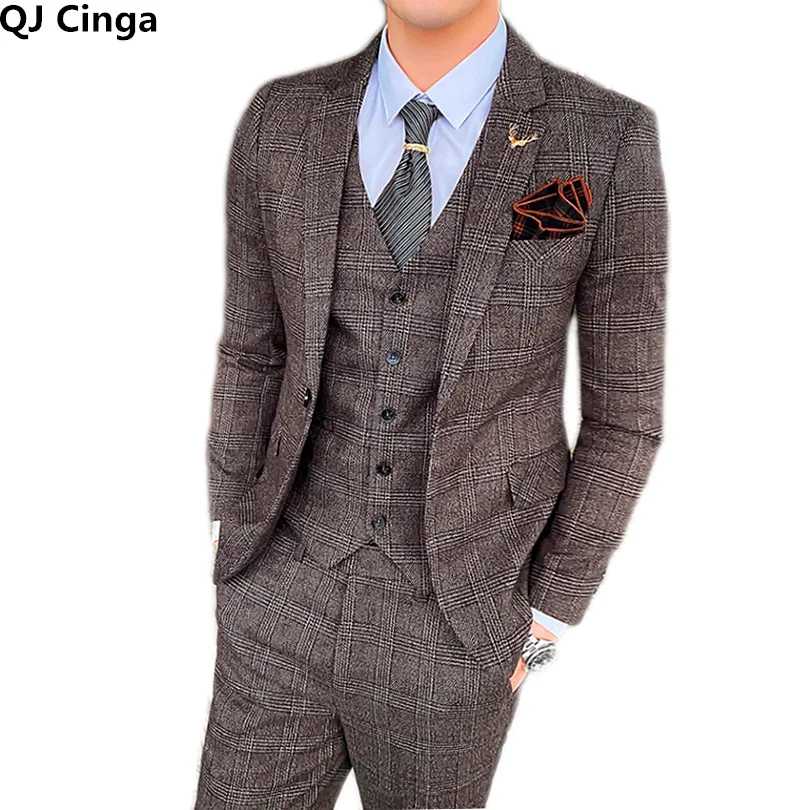 (Jacket + Vest + Pants) Boutique Fashion Mens Plaid Casual Business Suit High end Social Formal Suit 3 Pcs Set, Asian Size M-5XL