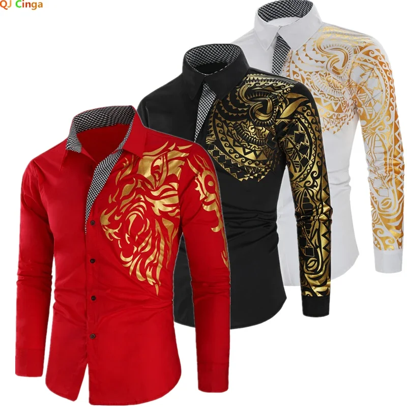 2026 Men's Bright Red Long-sleeve Shirt, Single-button Lapel with Gold Print, Ideal for Weddings, Parties, or Stage Performances