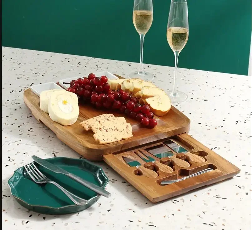 

Wooden Cheese Board Set Butter Dish with Drawer Western Tableware Cheese Plate Bread Pan Fruit Plate Dessert Plates Snack Bowl