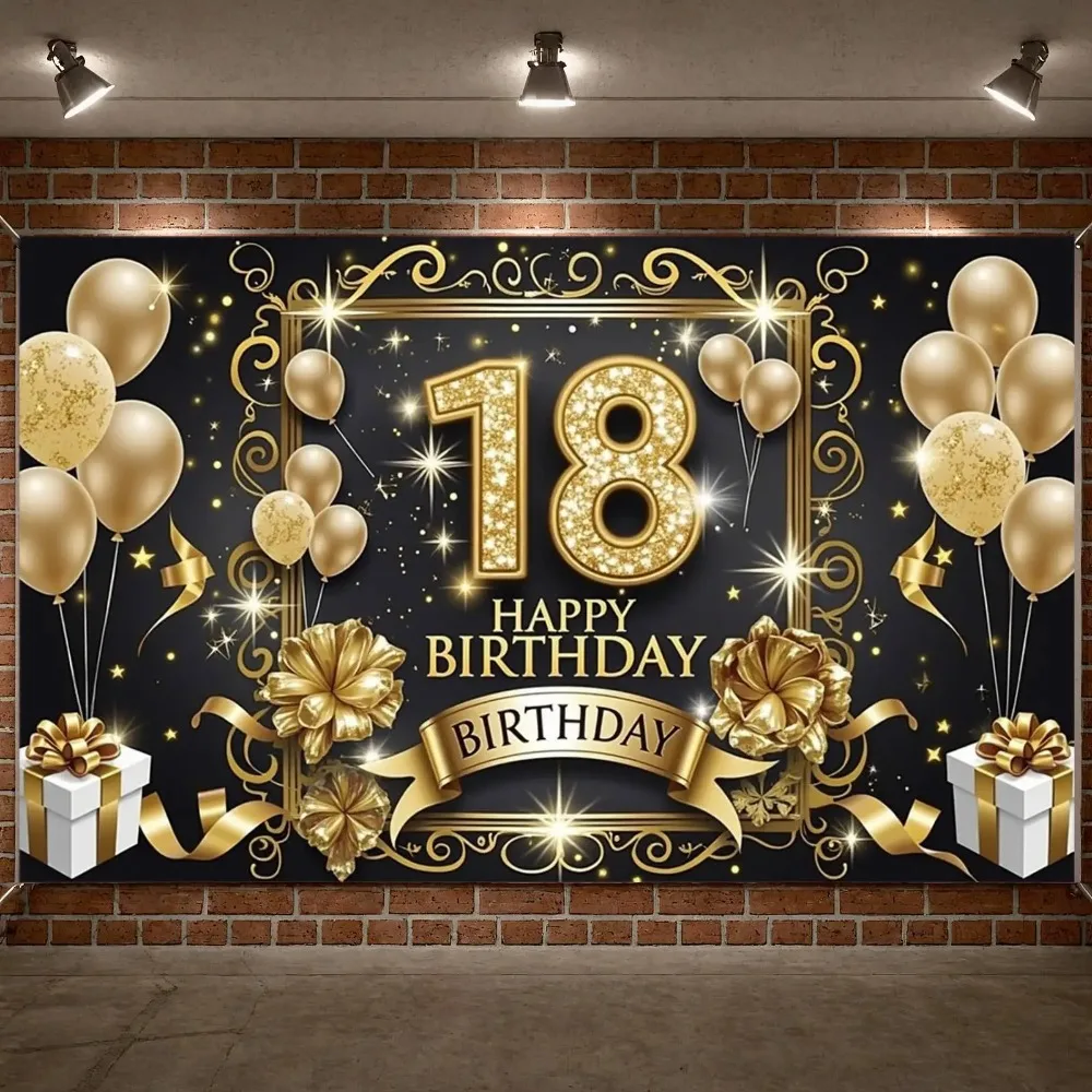 Luxuriöser Goldfarbener Geburtstagsbanner-Hintergrund, Dekoration für 18. Geburtstagsfeier, Fotostudio-Hintergrundstoff