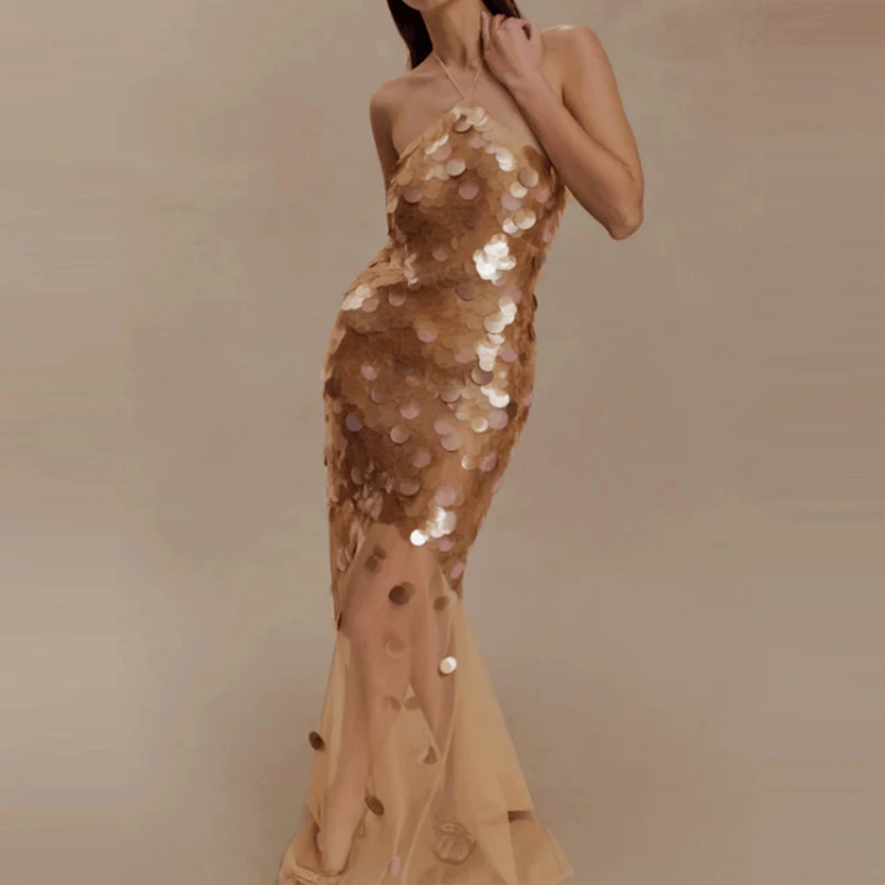 Elegante sem mangas lantejoulas magro vestido de festa moda feminina sem costas sólido vestido longo sexy halter malha emenda fishtail vestido