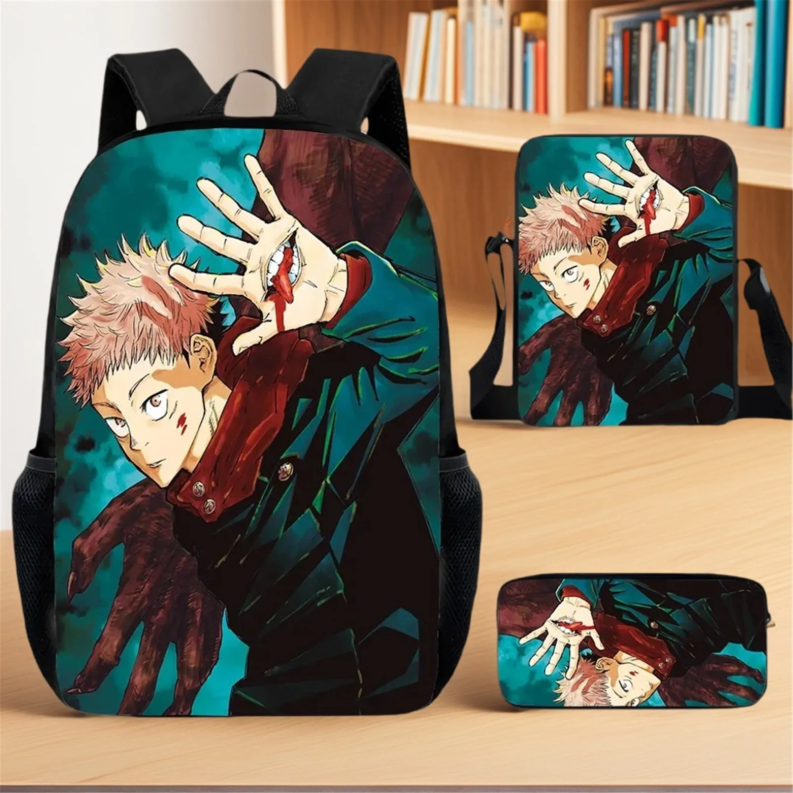 

Детский комплект рюкзаков Jujutsu Kaisen 3 в 1, школьная сумка для книг в стиле аниме + сумка через плечо + пенал, водонепроницаемый дорожный рюкзак