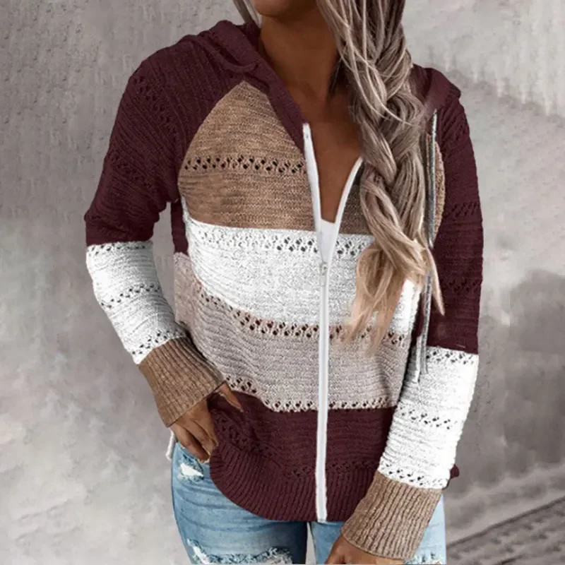 Autumn and Winter Simple Casual Commuting Contrasting Striped Zipper Hooded Long Sleeved Sweater for Women
