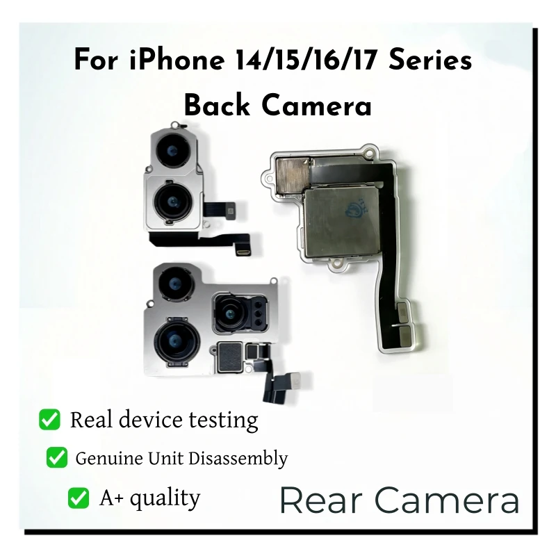 完全テスト済みのバックリアカメラアセンブリ、iphone-14-15-16-17-pro-max、14-15-16-plus用フレックスケーブルカメラ交換部品