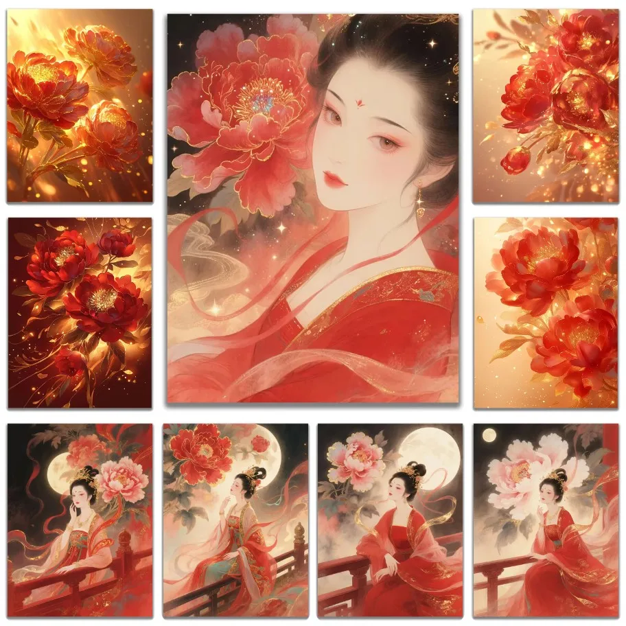 5D DIY Luxury Chinese Peony Diamond Painting, Ancient Lady with Red Flower Handmade Art Exquisite Creative Gift Home Decoratio