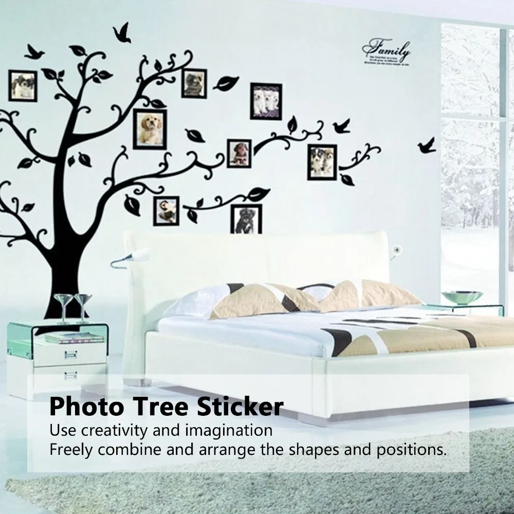 4pcs 11.8 X 35.4in Family Photo Tree Wall Sticker Tree Pvc Photo Frame Tree Wall Decal Black Peel and Stick Tree Wall Decor