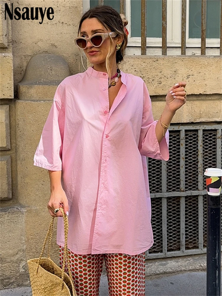 

Nsauye Fashion Loose Pink Casual Women's Blouse 2025 Autumn Elegant Short Sleeve Shirt Tops Solid Femlae Clothing Streetwear