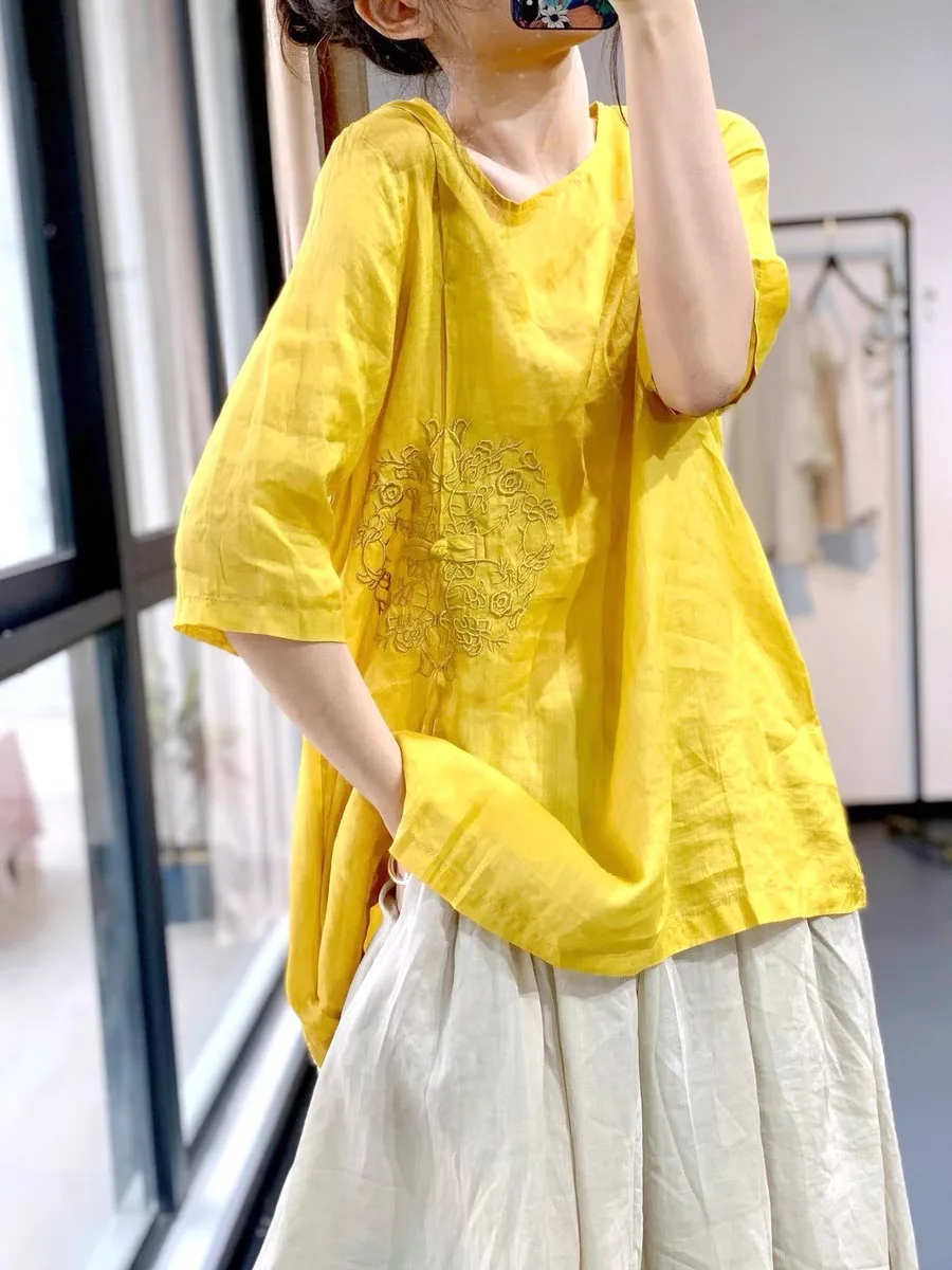 

Ethnic Embroidered Cotton Linen T-Shirt Large Size Women's plus Size round Neck Five Sleeve Cotton Linen Blouse Summer