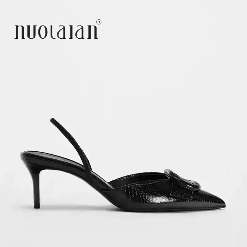 Fashion Black Leather Women Pumps Elegant Pointed Toe Office Work Ladies High Heeled Shoes 2025 Spring Dress Slingbacks Footwear