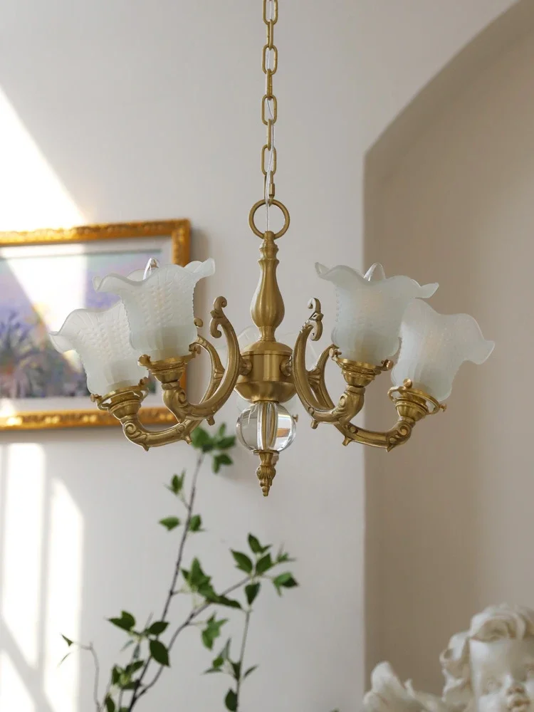 American retro all copper chandelier French medieval elegant white jade glass living room bedroom dining room lighting fixtures