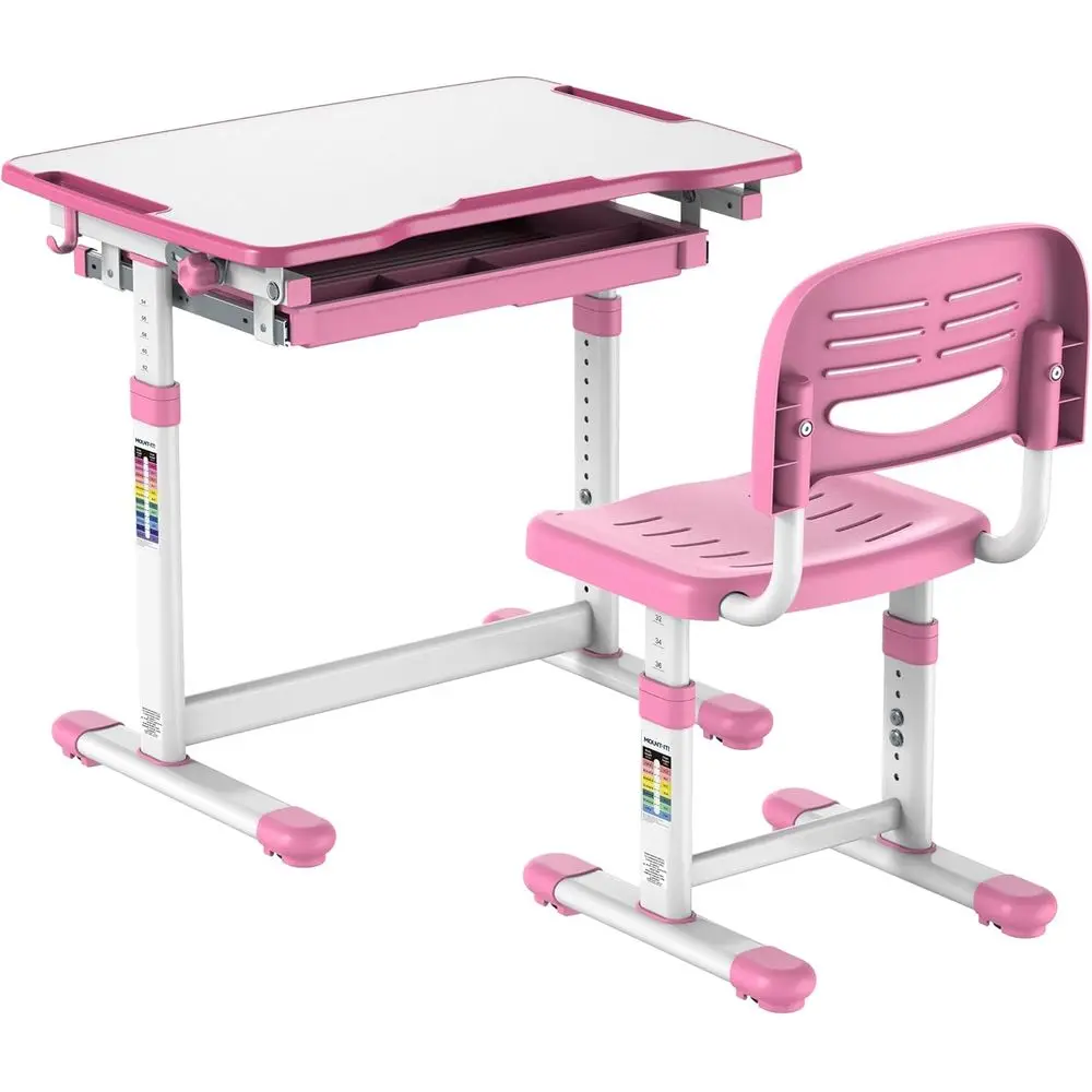 

Height Adjustable Sturdy Desk and Chair Set, Girl Child Study Desk, Art Table for Home School, Drafting, Ergonomic with Storage
