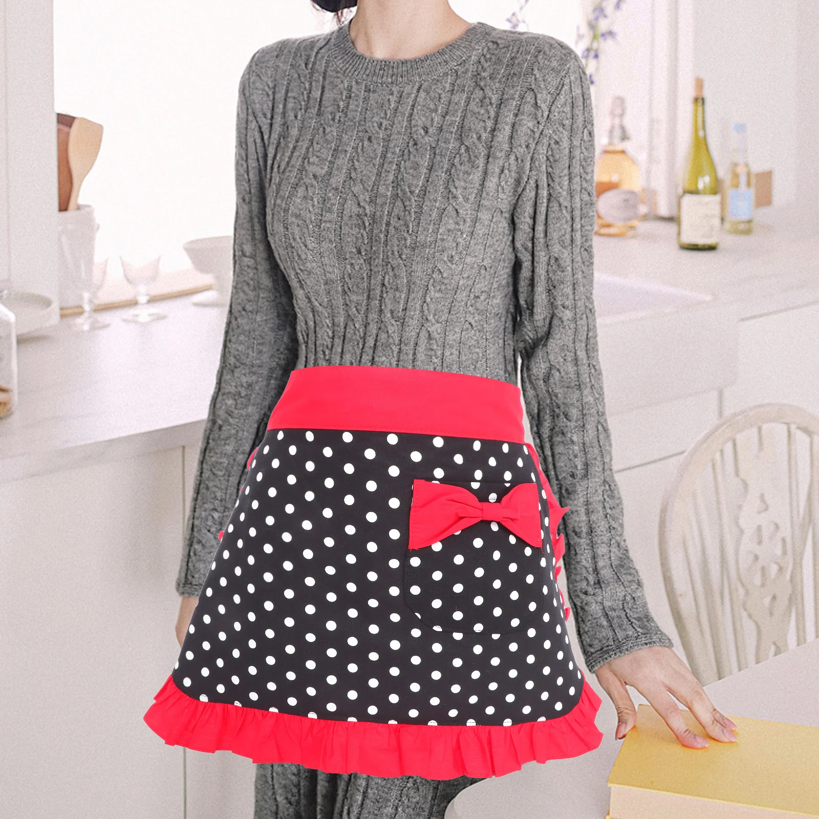 

Red Cotton Half Apron Adjustable Waist Tie Pattern Half Length for Women Maid Waitress Use Apron for Women