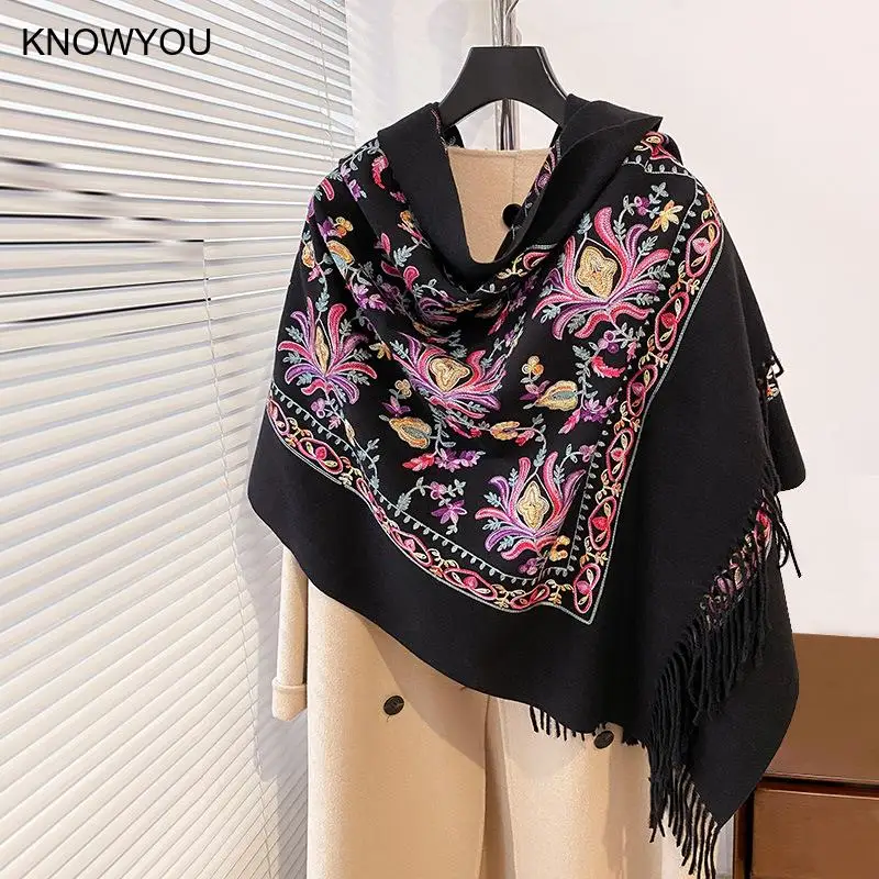 White Embroider Flower Scarf Artificial Cashmere Pashmina Women Elegant Blanket Big Size Cape Thick Lady Pashmina Shawls