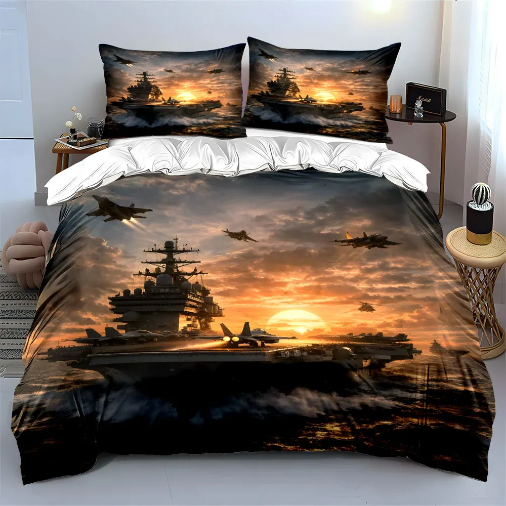 Aircraft Carrier and Jets at Sunset Print Soft Comfortable Duvet Cover Bedding Set Included 1*Duvet Cover  2*Pillowcases