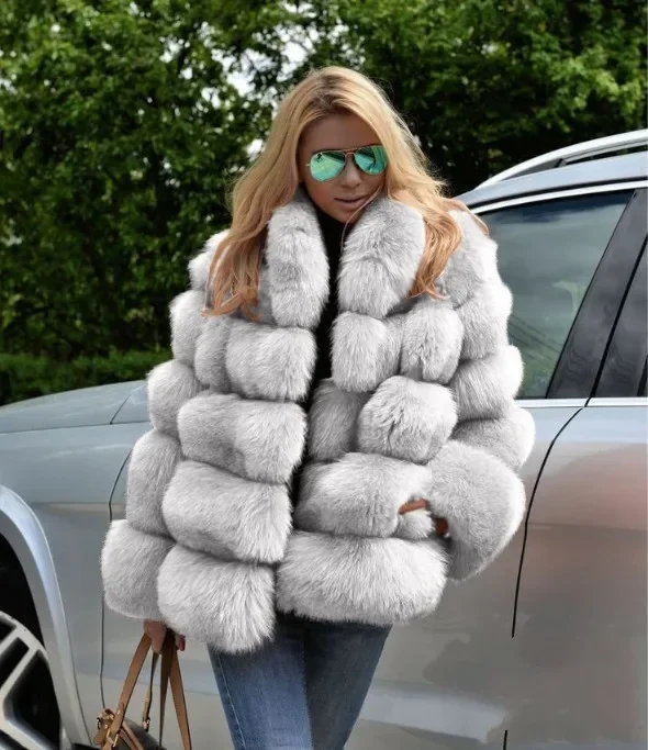 Faux Fox Fur Coat Luxury Women Faux Fur Female Jacket Winter Luxury Thick Fur Collar Solid Outwear Fur Overcoat Faux Fur Coat