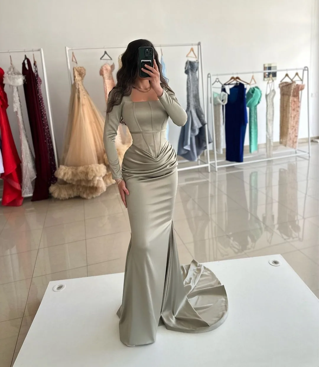 Prom Dresses Long Sleeves Mermaid Corset Formal Party Dress Long for Women Satin Square Neck Vestidos De Gala