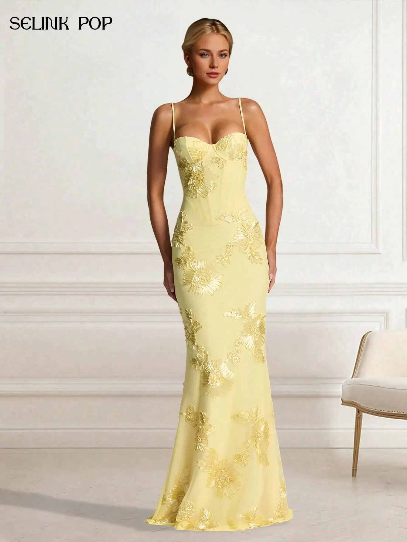 

Cream Yellow Floral Embroidered Mermaid Dress with Spaghetti Straps for Evening Gala