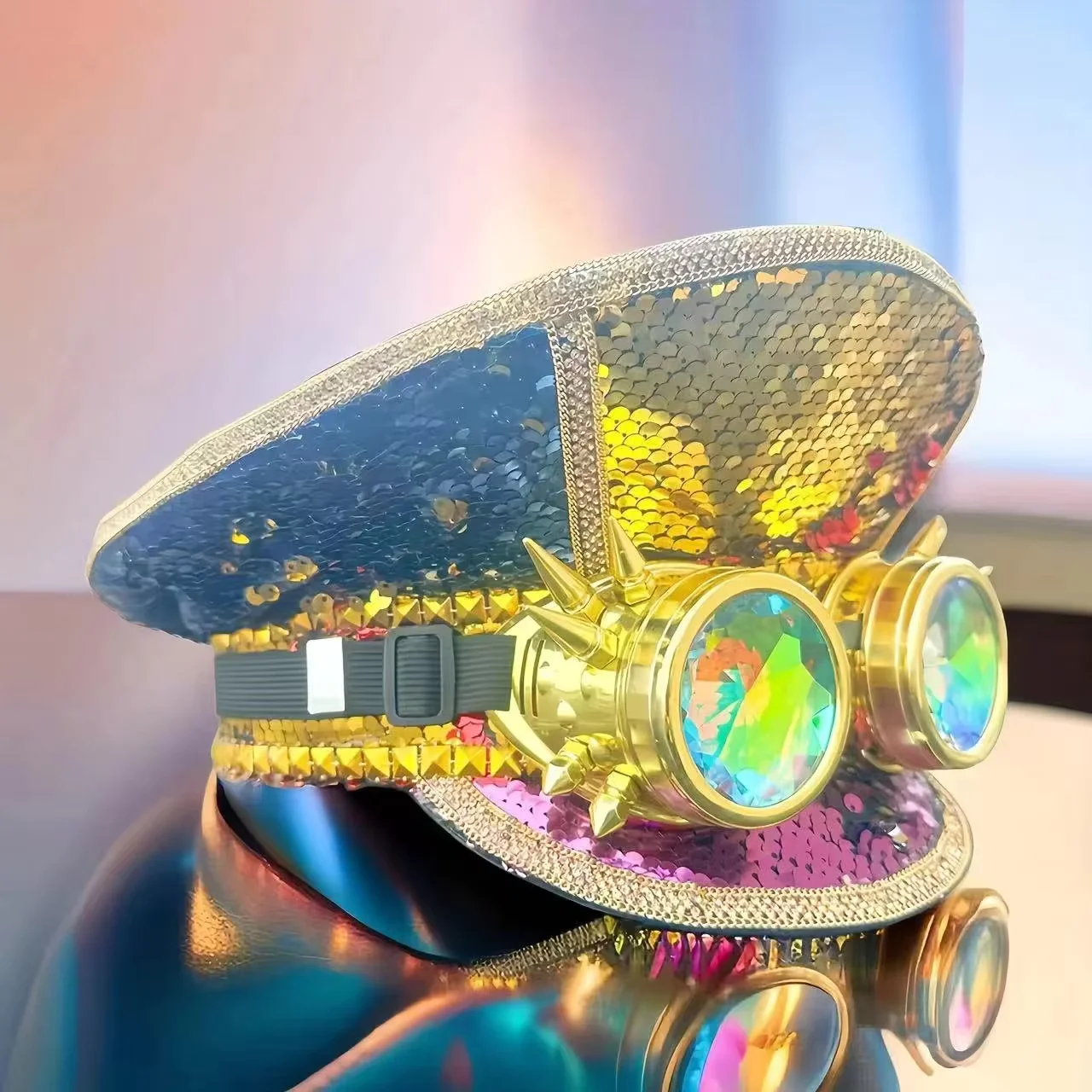 

Steampunk Captain Hat Rhinestone with Goggles for Burning Man Festival Woman, Military Accessories & Cap for Man