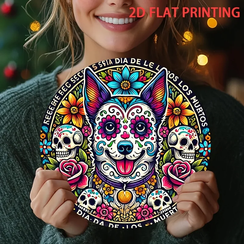 قطعة واحدة مسطحة ثنائية الأبعاد من علامة خشبية دائرية فنية للاحتفال بعيد الكلب الميت - مثالية لتزيين يوم الموتى