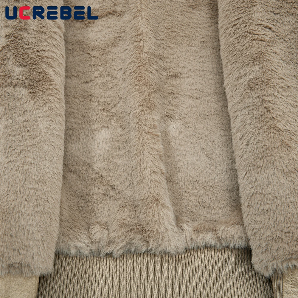 Spliced Pocket PU Leather Padded Jacket Mens Winter Thick Retro High Street Loose Long Sleeve Removable Hat Outerwear Man