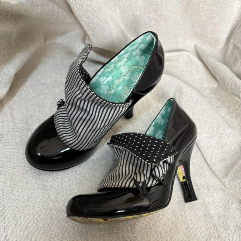 Round Toe Chunky Heel Loafers 2026 New Spring Glossy Women Fashion Dress Shoes Black Polka Dot Patch Ladies High Heel Shoes