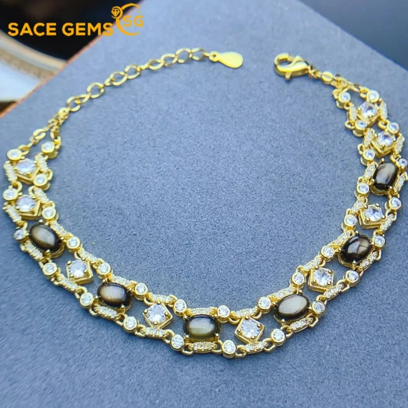 

SACE GEMS 925 Sterling Silver 4*6MM Natural Star Sapphire Gemstone Bracelrts for Women Engagement Cocktail Party Fine Jewelry