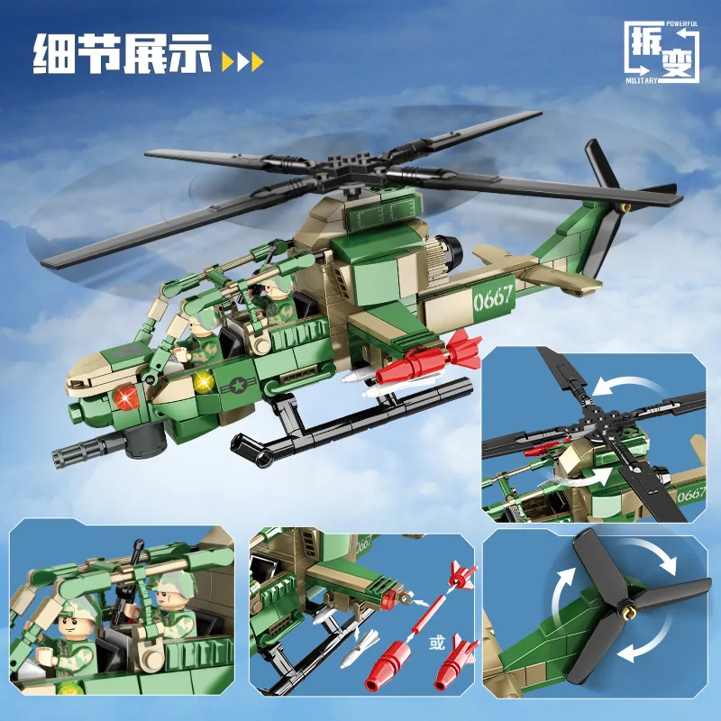 2024 Sluban WW2 Military Air Weapon A-10 Attack Helicopters Hind Model Building Blocks Classics Fighter Bricks Plane Toy